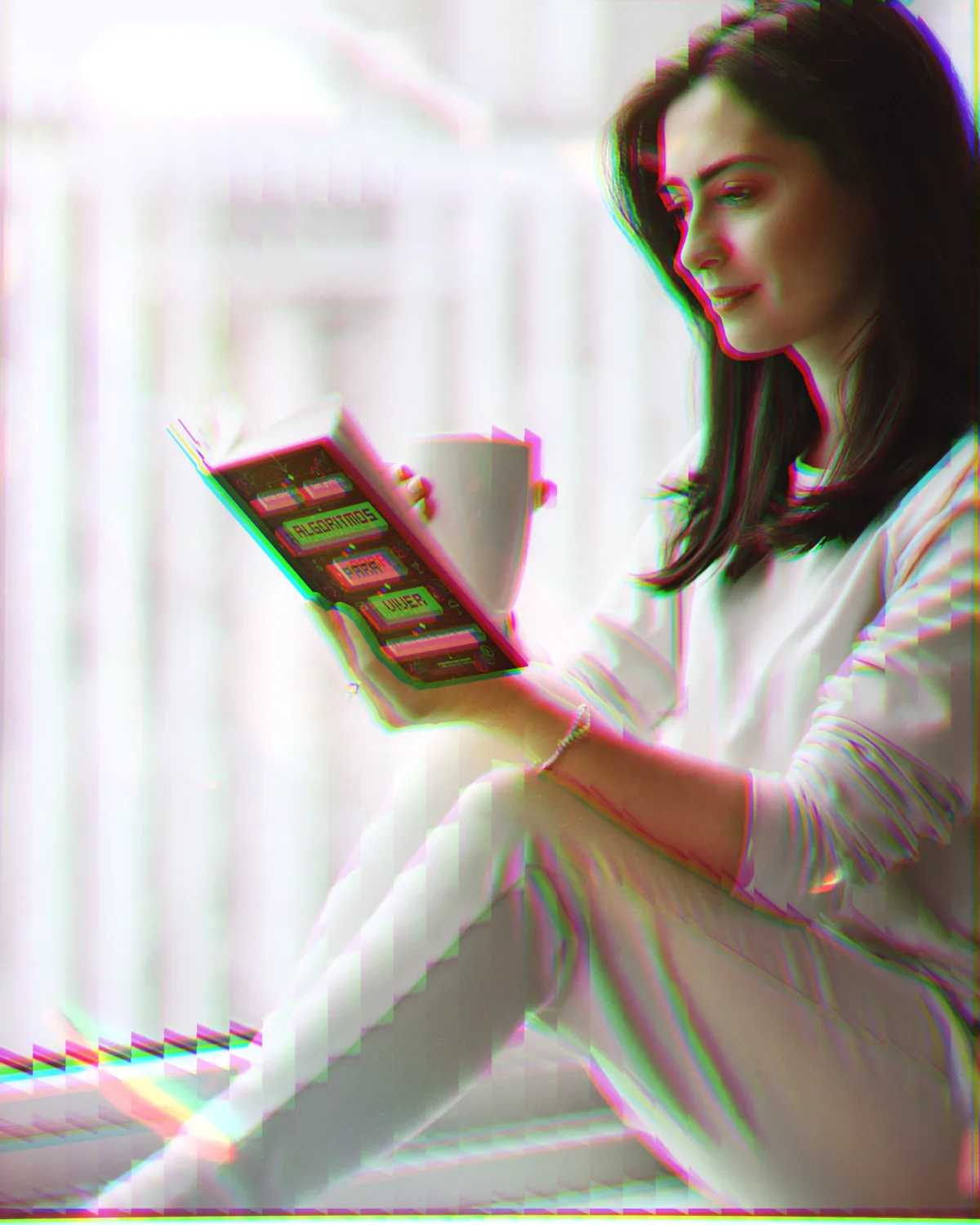 Mulher lendo o livro Algoritmos para viver com filtro de prisma