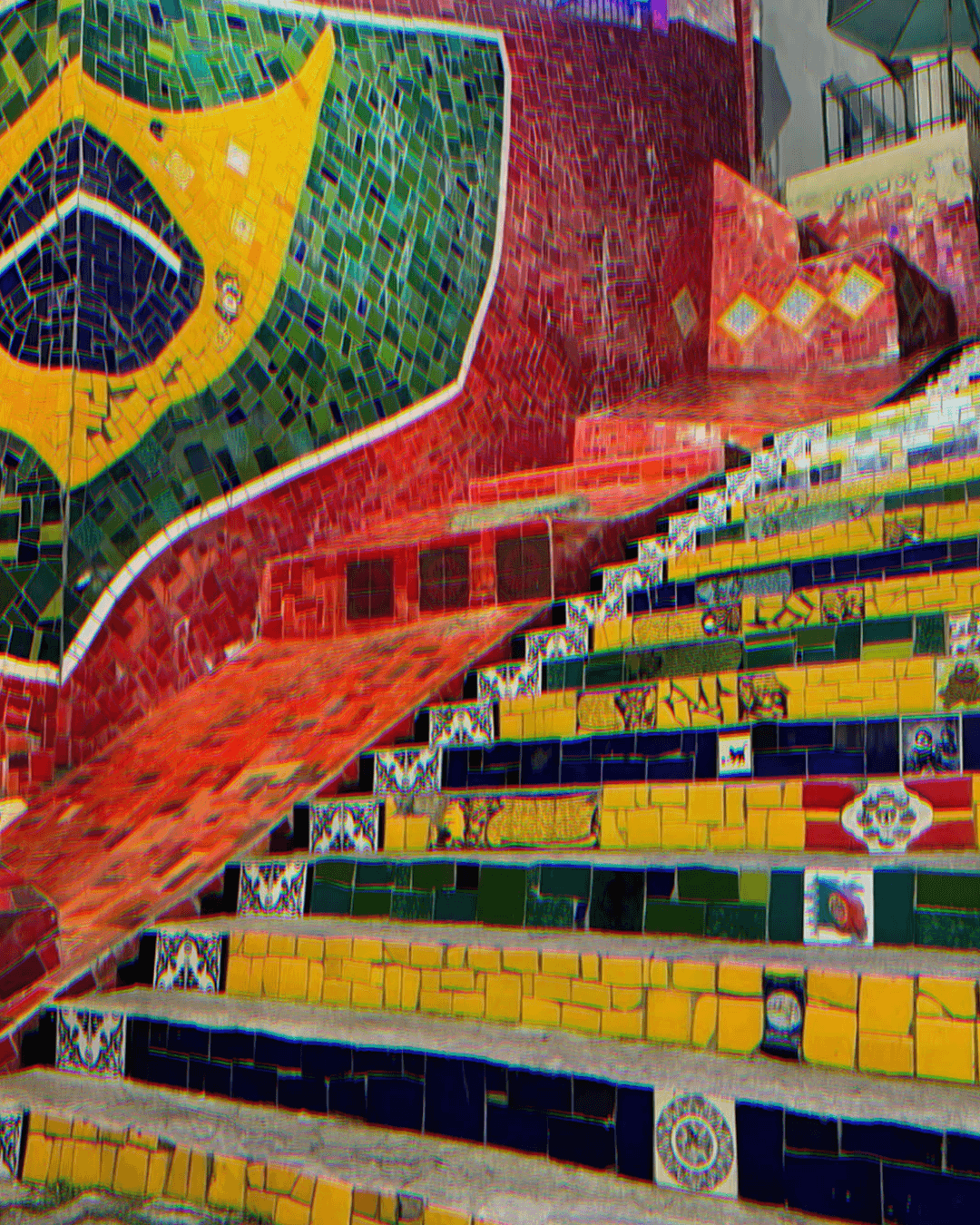 Escadaria Selarón, representando o Brasil, com efeito de prisma