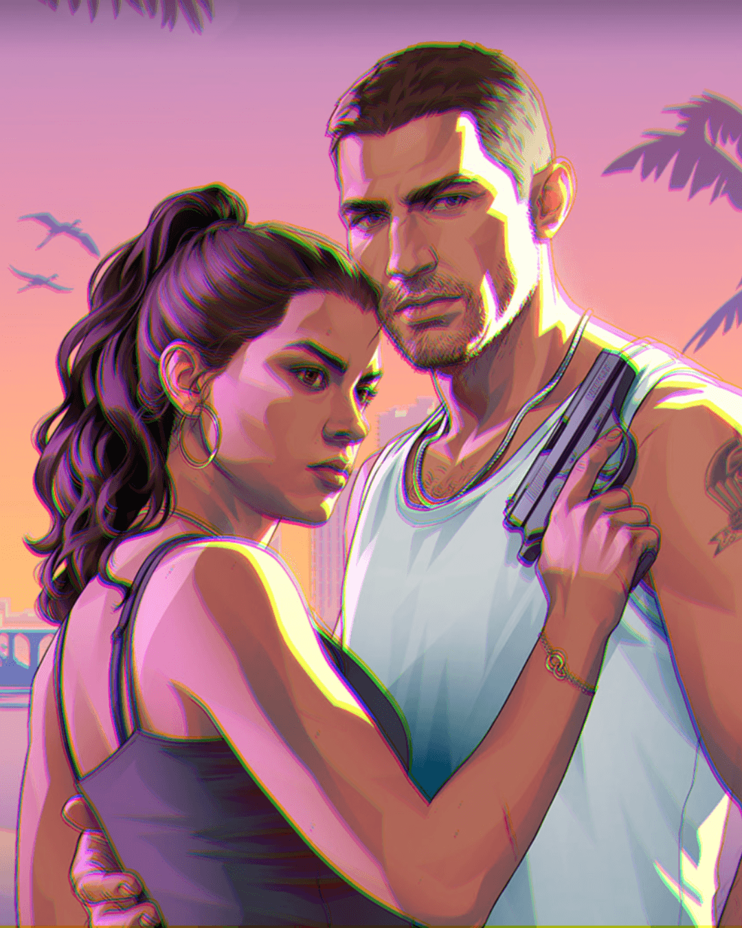 Jason e Lucia de GTA 6 (Grand Theft Auto VI), com efeito de prisma
