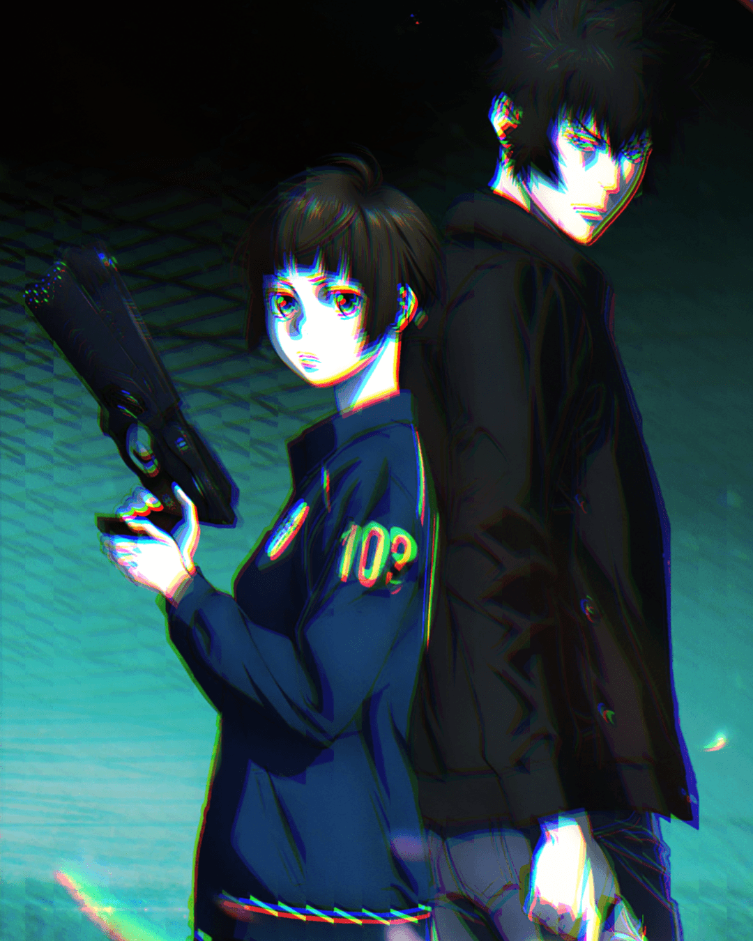 Akane e Kogami, do Psycho Pass, com efeito de prisma
