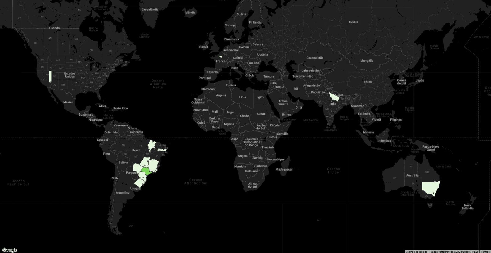 Mapa com principais regiões por sessões, do Google Analytics, da Data Paradise no 1º semestre de 2026. Várias visitas de diversos lugares do Brasil, mas também dos EUA, Índia, Austrália e França